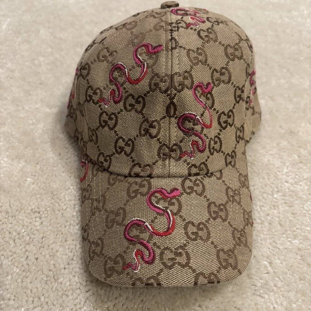 Gucci Beige Monogram Baseball Cap with Pink Snake Embroidery